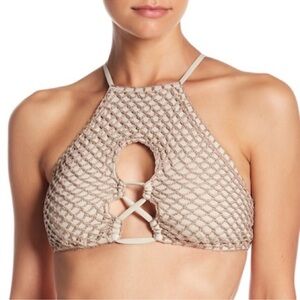 Lucky Brand Los Cabos‎ Crochet Bikini Top NWT size Medium Sand High Neck Halter